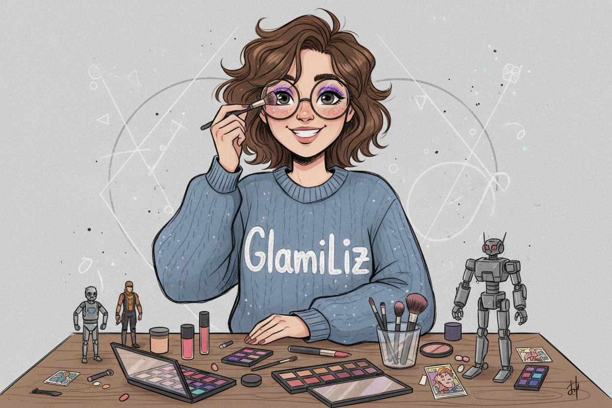 en dessin : fond gris, fille un peu geek qui se maquille et sur son chandail, cest écrit :GlamiLiz 